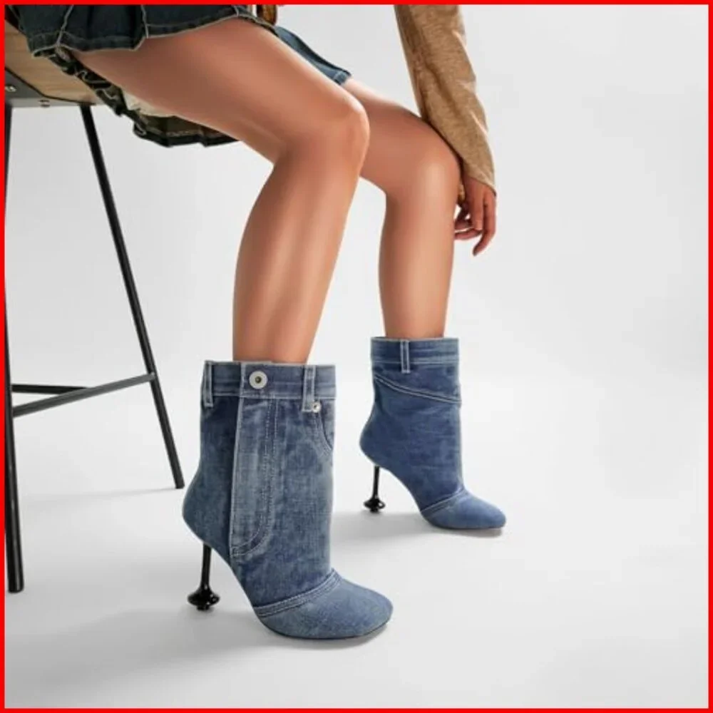 Vintage Denim Stiletto Heel Cowboy Boots with Pockets, Mid Calf - Picture 6 of 7